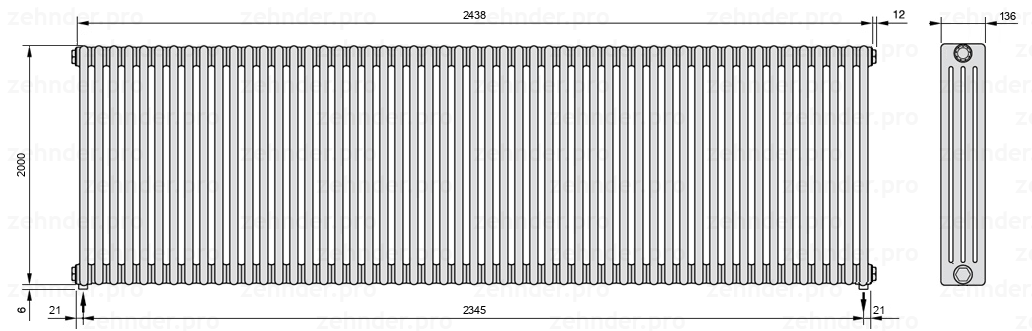 Схема (чертеж) Радиатор Zehnder Charleston 4200/53 №3570 Белый глянцевый RAL 9016